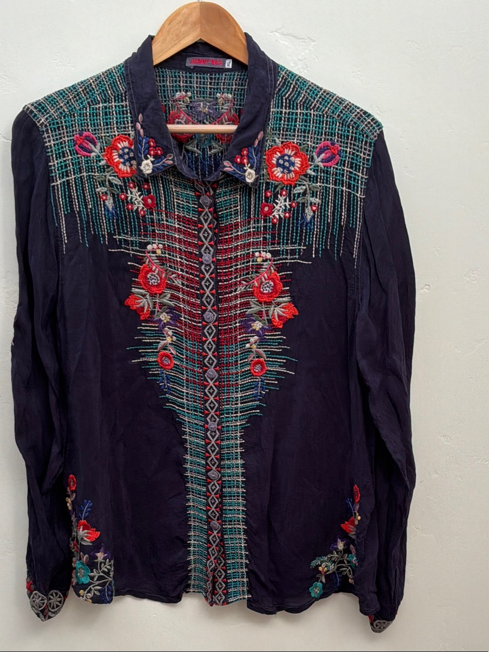 Johnny Was Navy Embroidered Floral Blazer with Red & Teal Accents